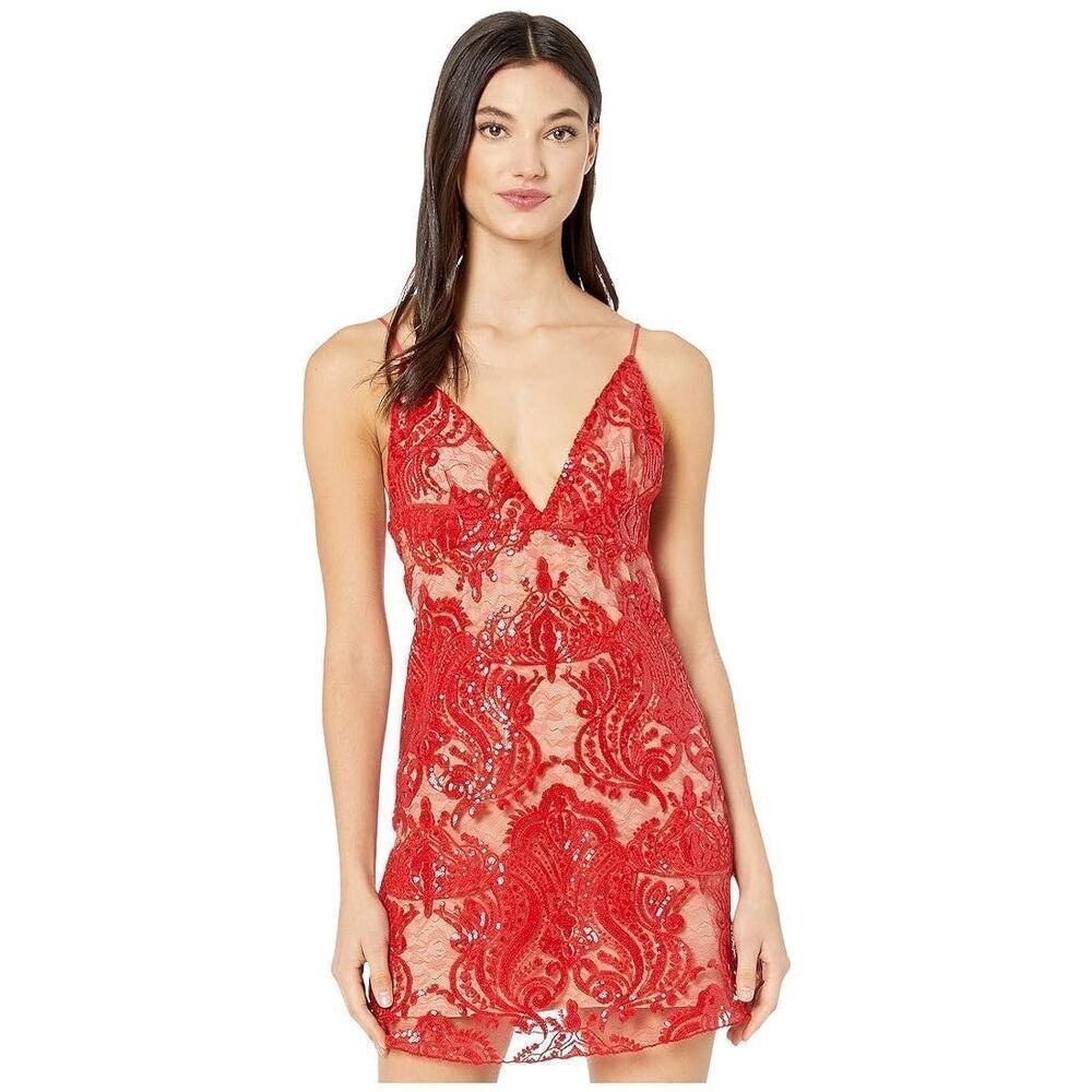 Free People Night Shimmers Red Lace & Sequins Mini Dress Sz 2 Y2k, Party
